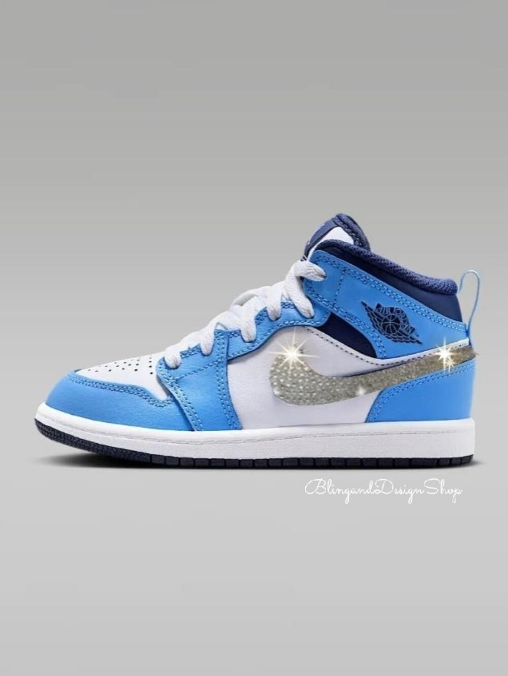 Bling Blue Jordan 1 Mid Sneakers Custom With Clear Swarovski Crystals Girls Nike